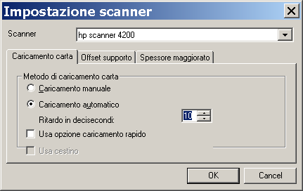 finestra di dialogo opzioni di impostazione dello scanner
