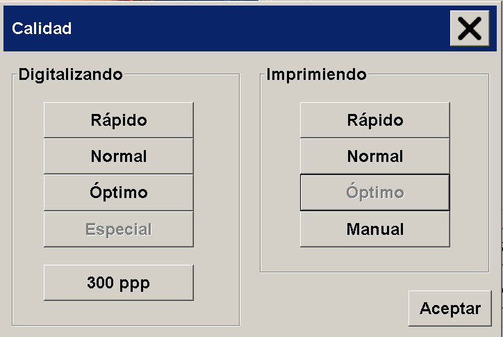 cuadro de diálogo de ajustes de la calidad