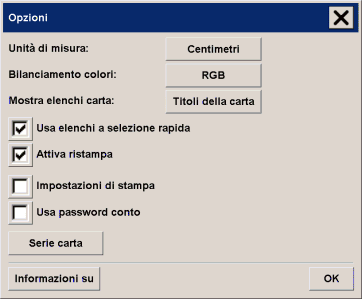 finestra di dialogo Opzioni