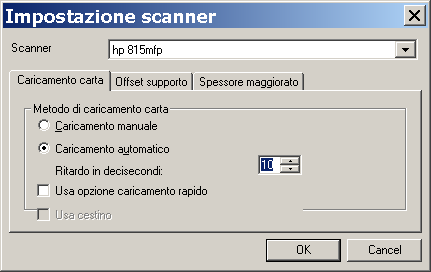finestra di dialogo opzioni di impostazione dello scanner
