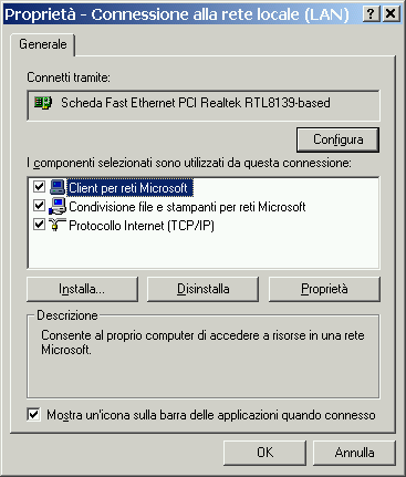 finestra di dialogo proprietà - connessione alla rete locale
