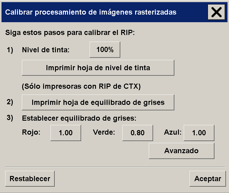 cuadro de diálogo de calibración del procesamiento de imágenes de trama (RIP)