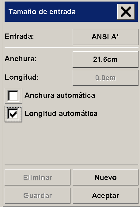 menú configuración de tamaño de entrada