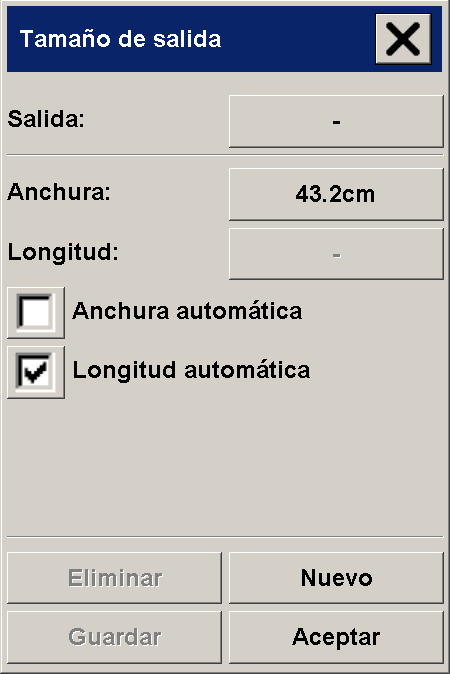 cuadro de diálogo de configuración de tamaño de salida